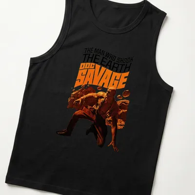 Vintage comic style t-shirt featuring Doc Savage in black, orange, brown, and beige — printed on a tank top