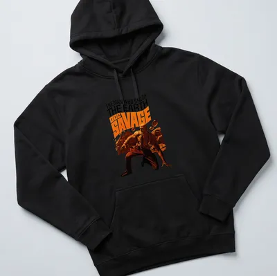 Vintage comic style t-shirt featuring Doc Savage in black, orange, brown, and beige — printed on a unisex hoodie