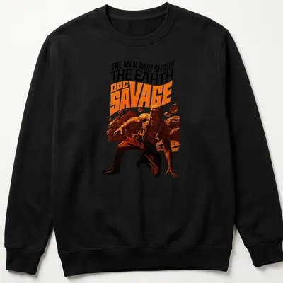 Vintage comic style t-shirt featuring Doc Savage in black, orange, brown, and beige — printed on a unisex sweatshirt
