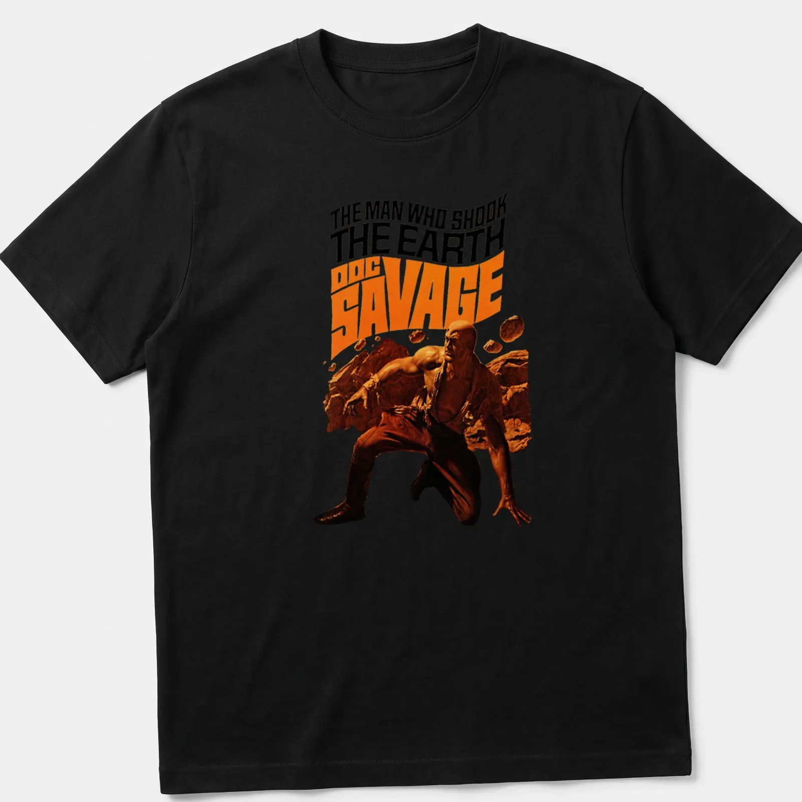 Vintage comic style t-shirt featuring Doc Savage in black, orange, brown, and beige — printed on a unisex t-shirt
