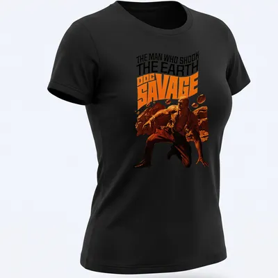 Vintage comic style t-shirt featuring Doc Savage in black, orange, brown, and beige — printed on a women's shirt