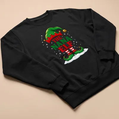 Colorful cartoon design featuring a Nana Elf with festive colors — printed on a unisex sweatshirt