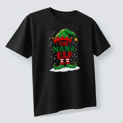 Colorful cartoon design featuring a Nana Elf with festive colors — printed on a unisex t-shirt (angled view)