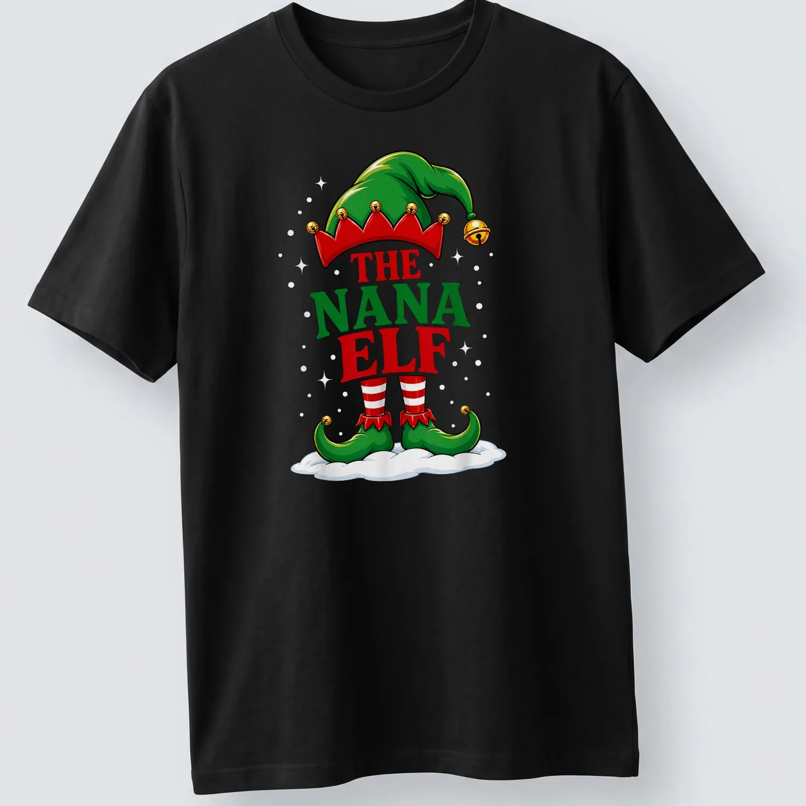 Colorful cartoon design featuring a Nana Elf with festive colors — printed on a unisex t-shirt