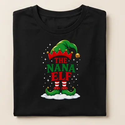 Colorful cartoon design featuring a Nana Elf with festive colors — printed on a women's shirt