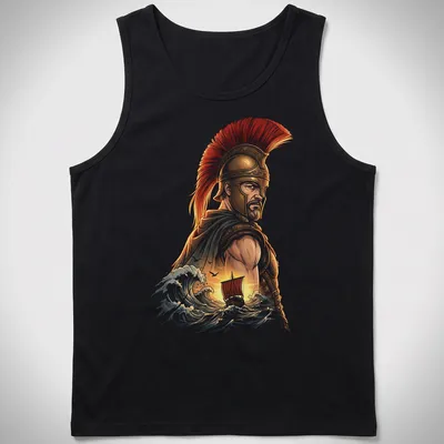Illustration of a Spartan warrior with waves and a ship in rich colors — printed on a tank top