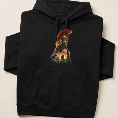 Illustration of a Spartan warrior with waves and a ship in rich colors — printed on a unisex hoodie
