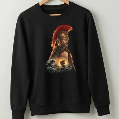 Illustration of a Spartan warrior with waves and a ship in rich colors — printed on a unisex sweatshirt