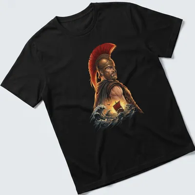 Illustration of a Spartan warrior with waves and a ship in rich colors