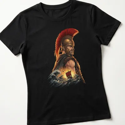 Illustration of a Spartan warrior with waves and a ship in rich colors — printed on a women's shirt
