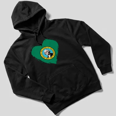 Distressed heart graphic featuring the Washington state seal with printed text. — printed on a unisex hoodie