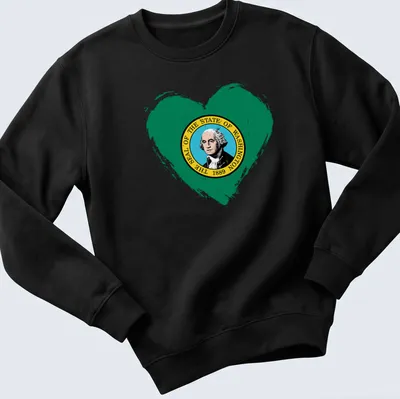 Distressed heart graphic featuring the Washington state seal with printed text. — printed on a unisex sweatshirt