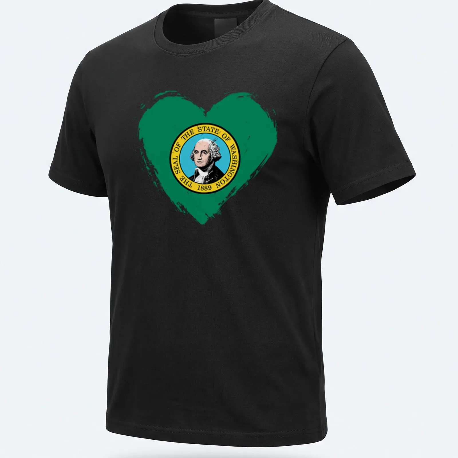 Distressed heart graphic featuring the Washington state seal with printed text. — printed on a unisex t-shirt