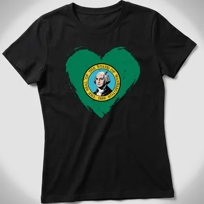 Distressed heart graphic featuring the Washington state seal with printed text. — printed on a women's shirt