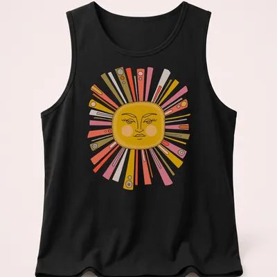 Kawaii sun face t-shirt with colorful rays in cheerful colors — printed on a tank top