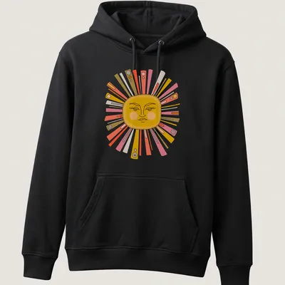 Kawaii sun face t-shirt with colorful rays in cheerful colors — printed on a unisex hoodie