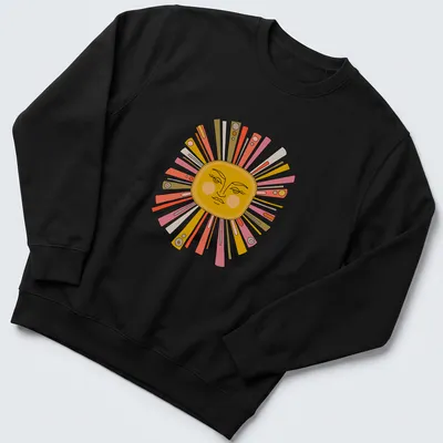 Kawaii sun face t-shirt with colorful rays in cheerful colors — printed on a unisex sweatshirt