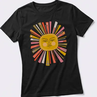 Kawaii sun face t-shirt with colorful rays in cheerful colors — printed on a women's shirt