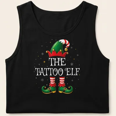 Colorful cartoon of a Christmas elf with tattoos and festive attire — printed on a tank top