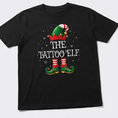 Colorful cartoon of a Christmas elf with tattoos and festive attire