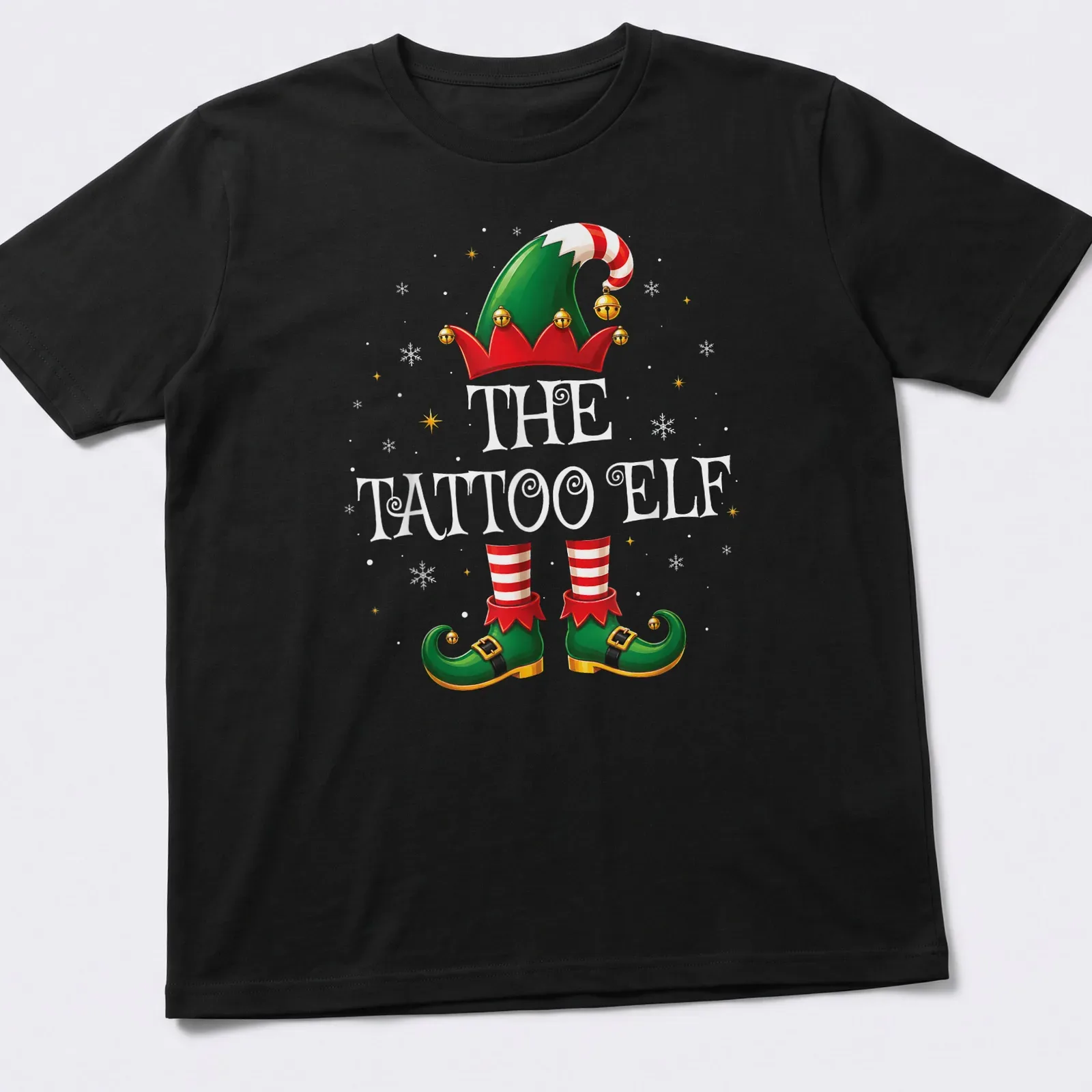Colorful cartoon of a Christmas elf with tattoos and festive attire — printed on a unisex t-shirt