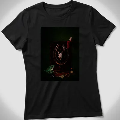 Dark Academia T-shirt with a frog, skull, and gothic book illustration — printed on a women's shirt