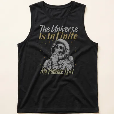 Humorous astronaut skull design with text about patience and the universe in white and yellow — printed on a tank top