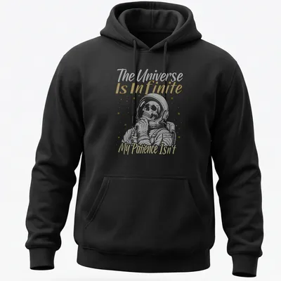 Humorous astronaut skull design with text about patience and the universe in white and yellow — printed on a unisex hoodie