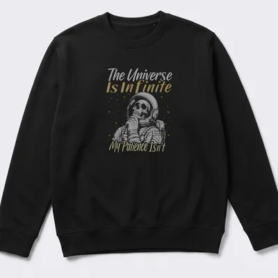 Humorous astronaut skull design with text about patience and the universe in white and yellow — printed on a unisex sweatshirt
