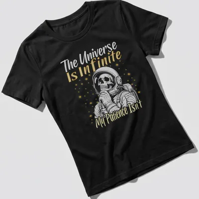 Humorous astronaut skull design with text about patience and the universe in white and yellow — printed on a women's shirt