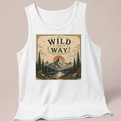 Mountain landscape tee with inspirational text in vintage retro style — printed on a tank top