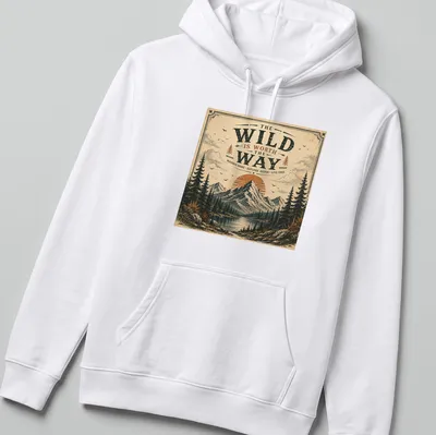 Mountain landscape tee with inspirational text in vintage retro style — printed on a unisex hoodie
