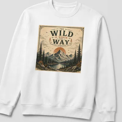 Mountain landscape tee with inspirational text in vintage retro style — printed on a unisex sweatshirt