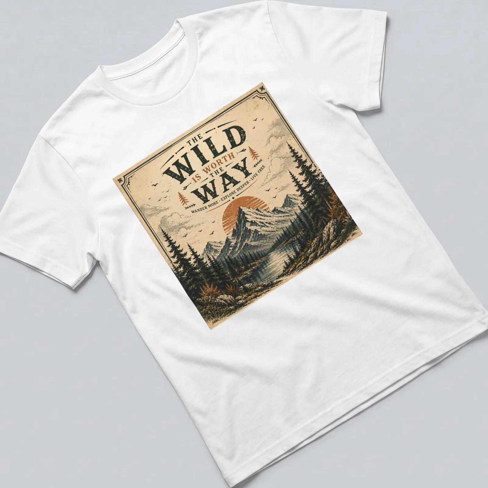 Mountain landscape tee with inspirational text in vintage retro style — printed on a unisex t-shirt