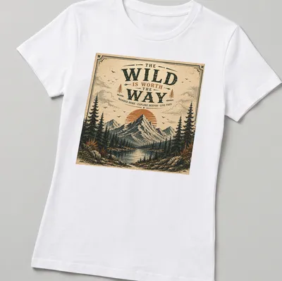 Mountain landscape tee with inspirational text in vintage retro style — printed on a women's shirt