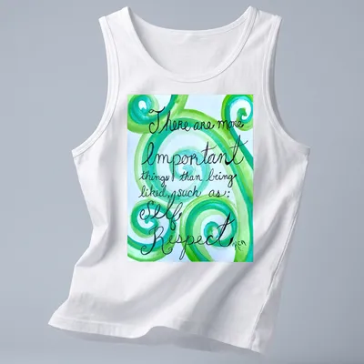 Handwritten motivational phrase on swirling green watercolor patterns — printed on a tank top