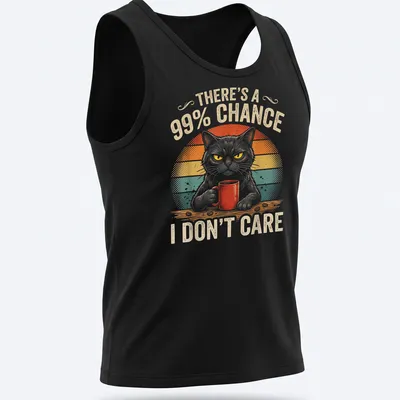 Vintage retro cat with mug and humorous phrase about caring — printed on a tank top