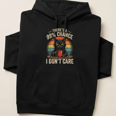 Vintage retro cat with mug and humorous phrase about caring — printed on a unisex hoodie