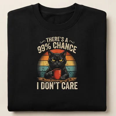 Vintage retro cat with mug and humorous phrase about caring — printed on a unisex sweatshirt
