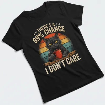 Vintage retro cat with mug and humorous phrase about caring — printed on a women's shirt