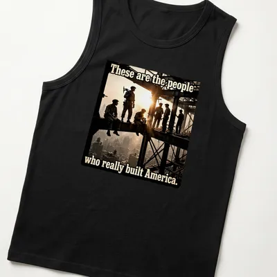Vintage print featuring construction workers with text celebrating their contributions to America. — printed on a tank top