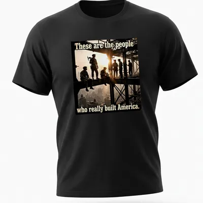 Vintage print featuring construction workers with text celebrating their contributions to America.