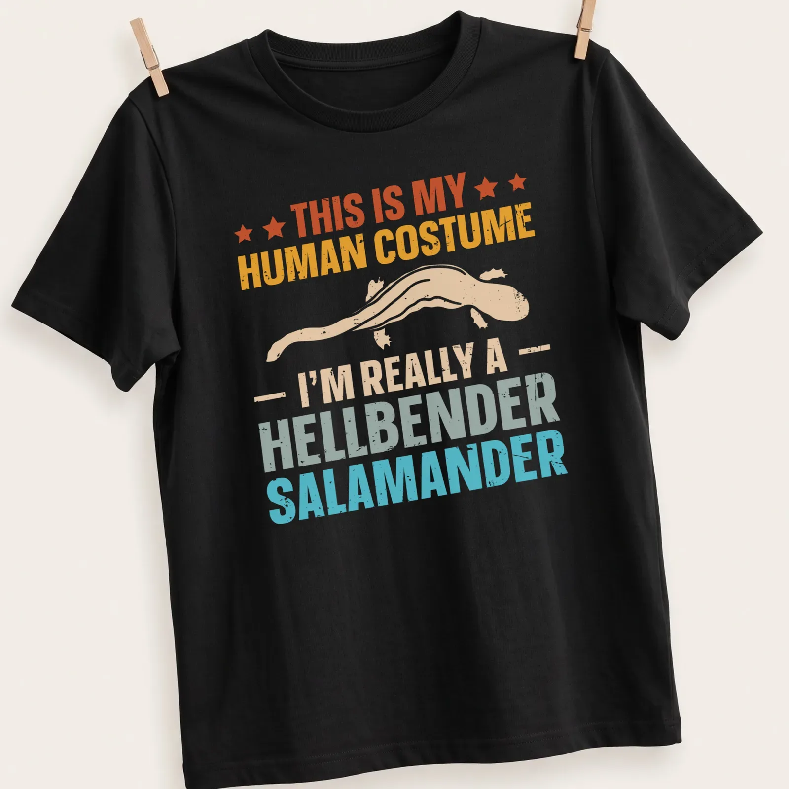 Retro distressed tee featuring a hellbender salamander and playful text — printed on a unisex t-shirt