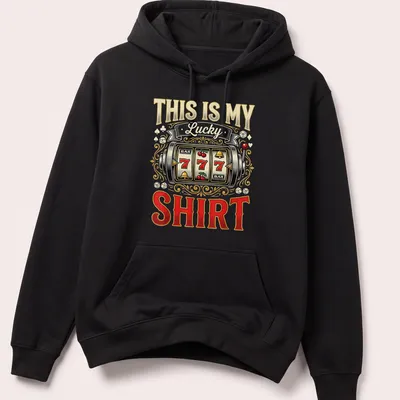 Vintage ornate slot machine design with text 'THIS IS MY Lucky SHIRT' in bold letters — printed on a unisex hoodie