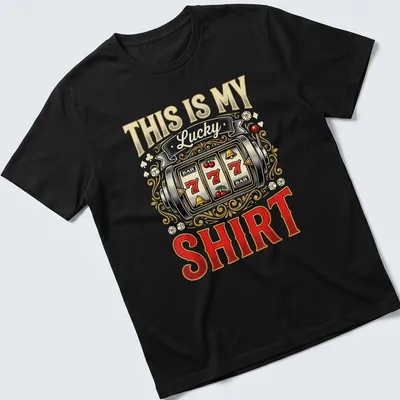 Vintage ornate slot machine design with text 'THIS IS MY Lucky SHIRT' in bold letters