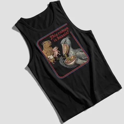 Illustrative t-shirt featuring capybara, axolotl, and shoebill enjoying ramen with vibrant colors — printed on a tank top