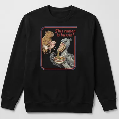 Illustrative t-shirt featuring capybara, axolotl, and shoebill enjoying ramen with vibrant colors — printed on a unisex sweatshirt