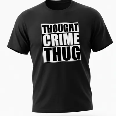 Bold typography design reading 'Thought Crime Thug' in black and white