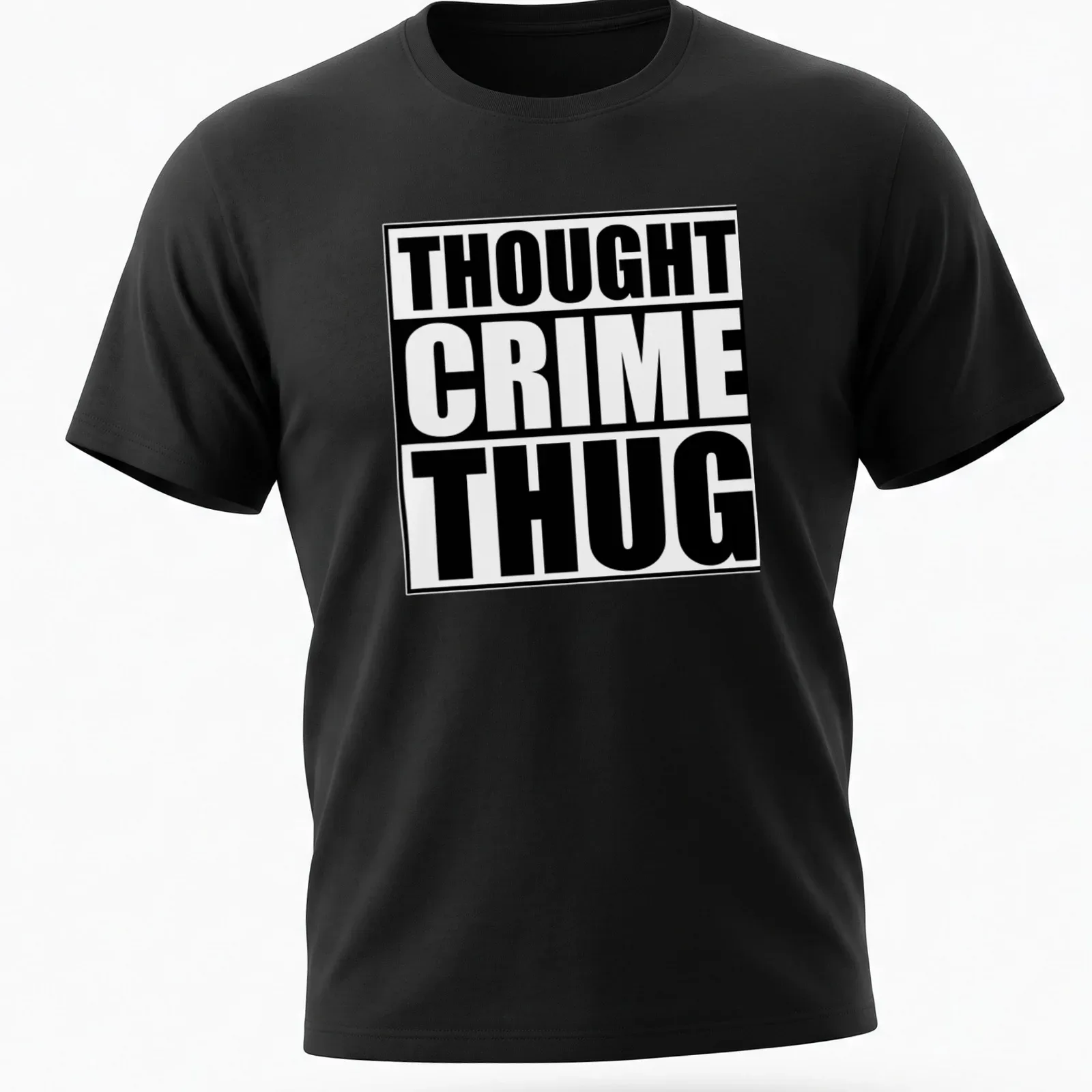 Bold typography design reading 'Thought Crime Thug' in black and white — printed on a unisex t-shirt