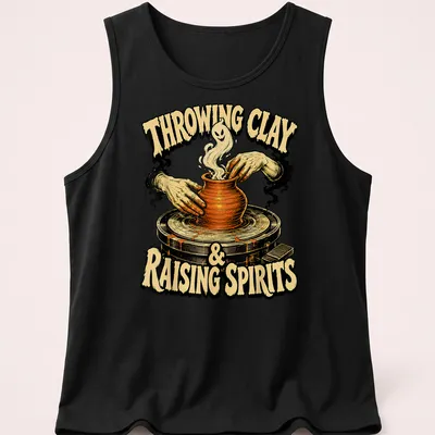 Vintage illustration of hands shaping pottery with a ghost, featuring Halloween-themed text — printed on a tank top
